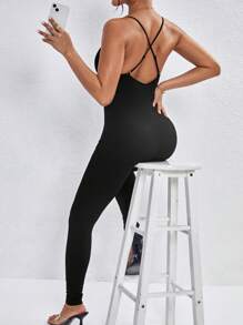 SHEIN PETITE Solid Cami Unitard Jumpsuit - Black - View 5
