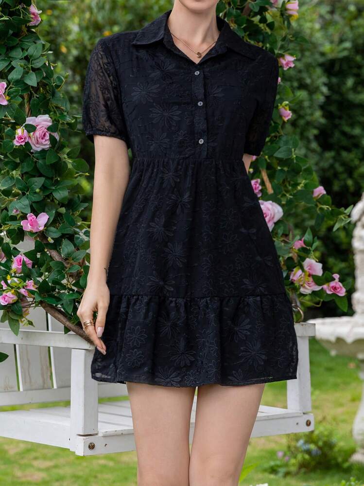 GENKIRA Stevige Rucheszoom Kant Hemdjurk - Zwart - Bekijken 4