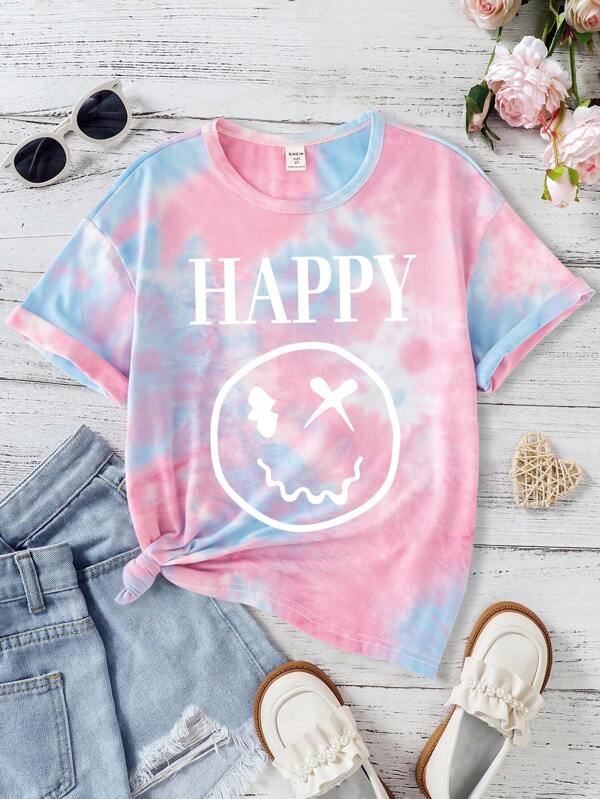 SHEIN Tween Girl 1pc Fashionable Tie-Dye Short Sleeve T-Shirt With Face & Letter Print For Summer