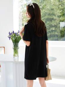 Đầm Nút phía trước Nơ trước Khối Màu Giải trí - màu đen - Xem 2