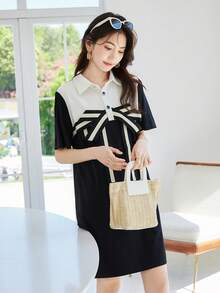 Đầm Nút phía trước Nơ trước Khối Màu Giải trí - màu đen - Xem 4