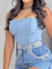 後拉鏈抹胸牛仔上衣 - 淺色水洗藍 - 查看 4