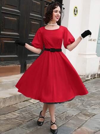 MUXXN 方領泡泡袖洋裝不附腰帶