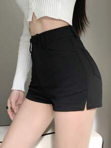 Skinny High Waisted Elastic Hem Slit Leg Short Shorts For Women