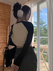 Camiseta crop con estampado de corazón en contraste de manga raglán - Albaricoque - Ver 2