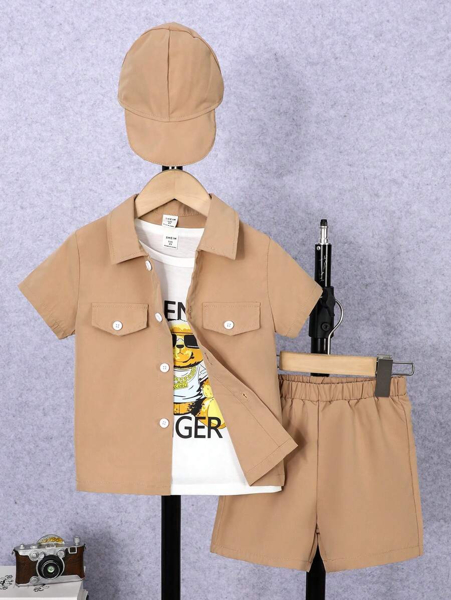 SHEIN 男小童翻蓋細節襯衫和小熊印花T恤和短褲和帽子 - 彩色 - 查看 1