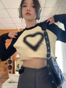Camiseta crop con estampado de corazón en contraste de manga raglán - Albaricoque - Ver 5
