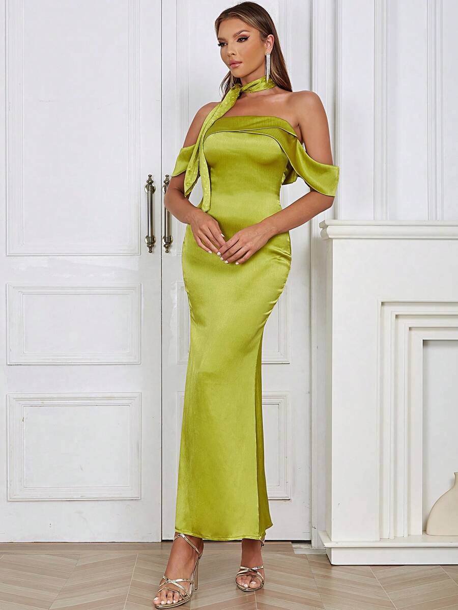 Off Shoulder Satin Dress - Green - View 1