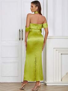 Off Shoulder Satin Dress - Green - View 2