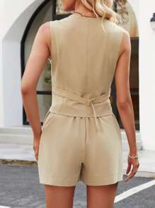 SHEIN LUNE Solid Button Front Vest Blazer & Shorts - Khaki - View 2