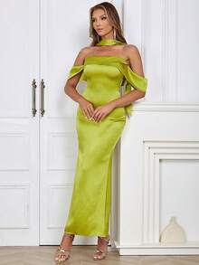 Off Shoulder Satin Dress - Green - View 4
