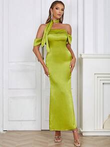 Off Shoulder Satin Dress - Green - View 5