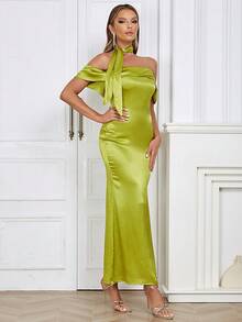Off Shoulder Satin Dress - Green - View 6