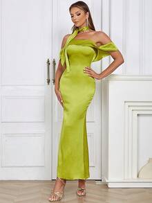 Off Shoulder Satin Dress - Green - View 7