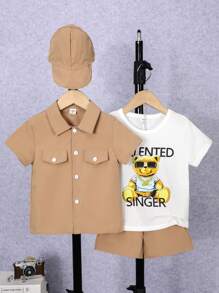 SHEIN 男小童翻蓋細節襯衫和小熊印花T恤和短褲和帽子 - 彩色 - 查看 7