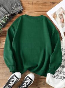 SHEIN EZwear 卡通圖案加絨內裏運動衫 - 墨綠色 - 查看 2