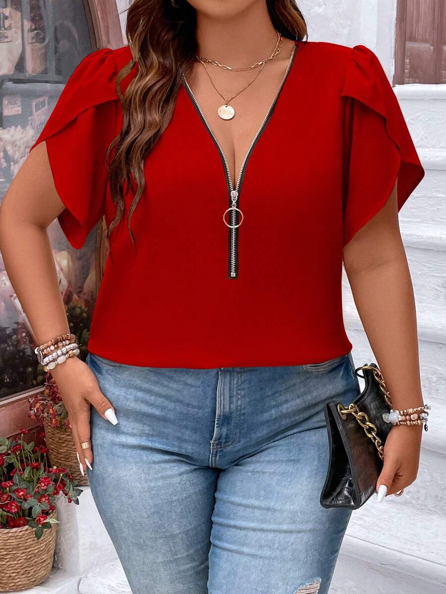 SHEIN LUNE Plus Petal Sleeve Half Zip Blouse For New Year Clothes - Red - View 1