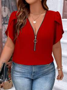 SHEIN LUNE Blusa con cremallera media y mangas tipo pétalos para ropa de Año Nuevo