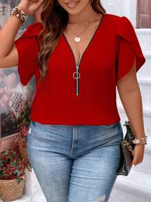 SHEIN LUNE Blusa con cremallera media y mangas tipo pétalos para ropa de Año Nuevo