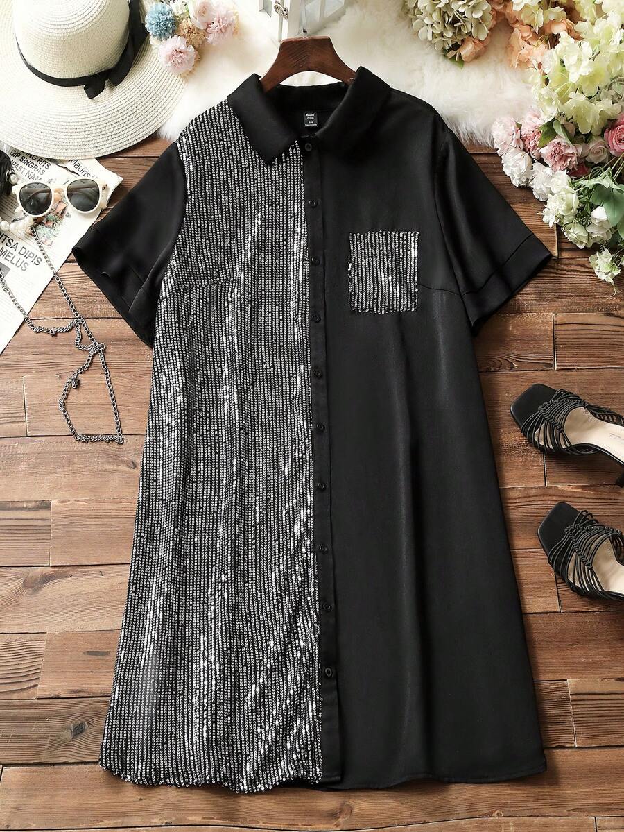 SHEIN LUNE Hơn Tương phản Sequin Đã vá Túi Váy sơ mi - màu đen - Xem 1