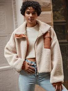 RueChic Contrast Panel Drop Shoulder Teddy Jacket - Apricot - View 1