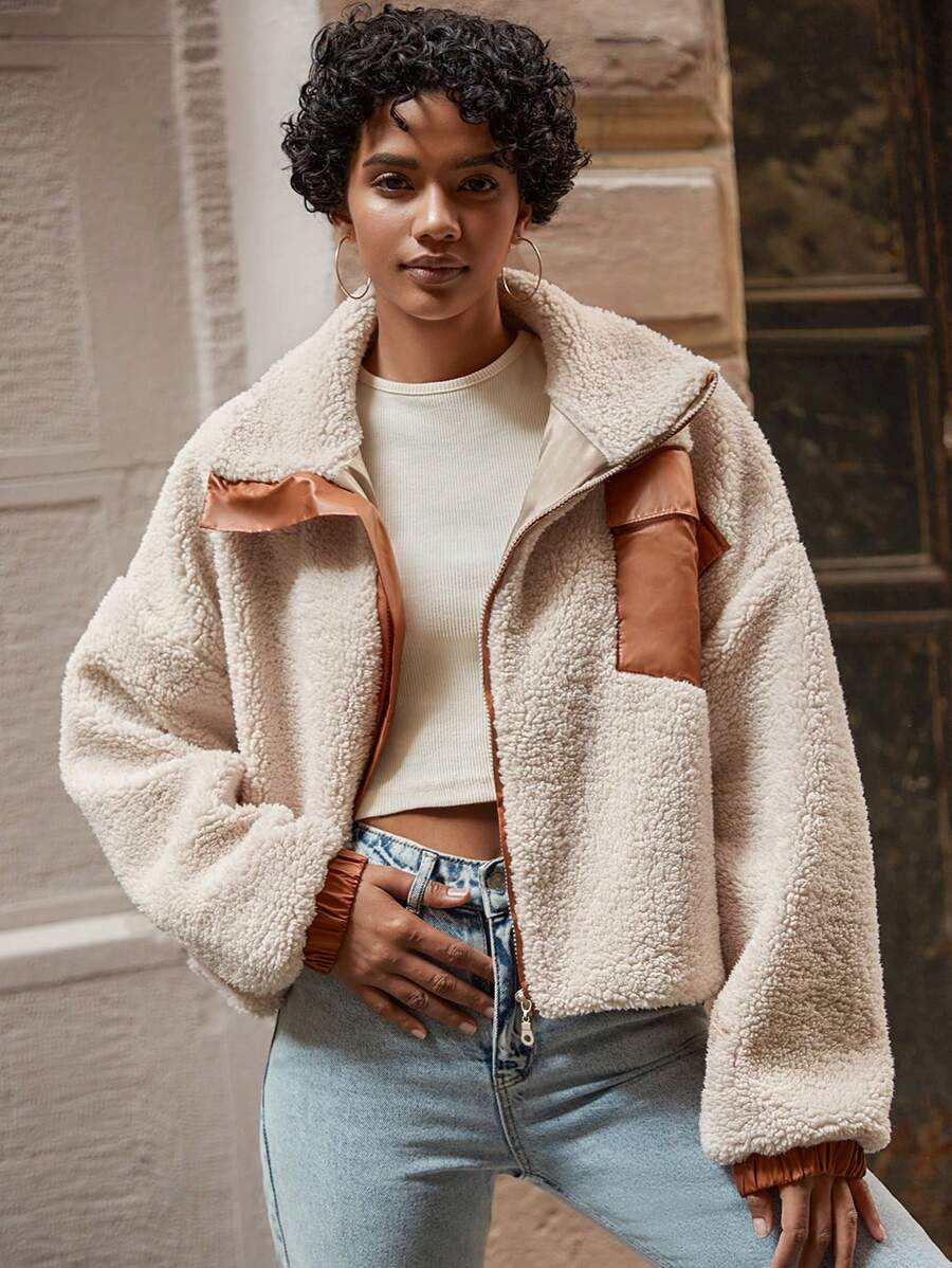 RueChic Contrast Panel Drop Shoulder Teddy Jacket - Apricot - View 1