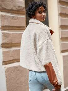 RueChic Contrast Panel Drop Shoulder Teddy Jacket - Apricot - View 2