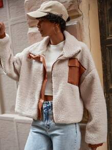 RueChic Contrast Panel Drop Shoulder Teddy Jacket - Apricot - View 3