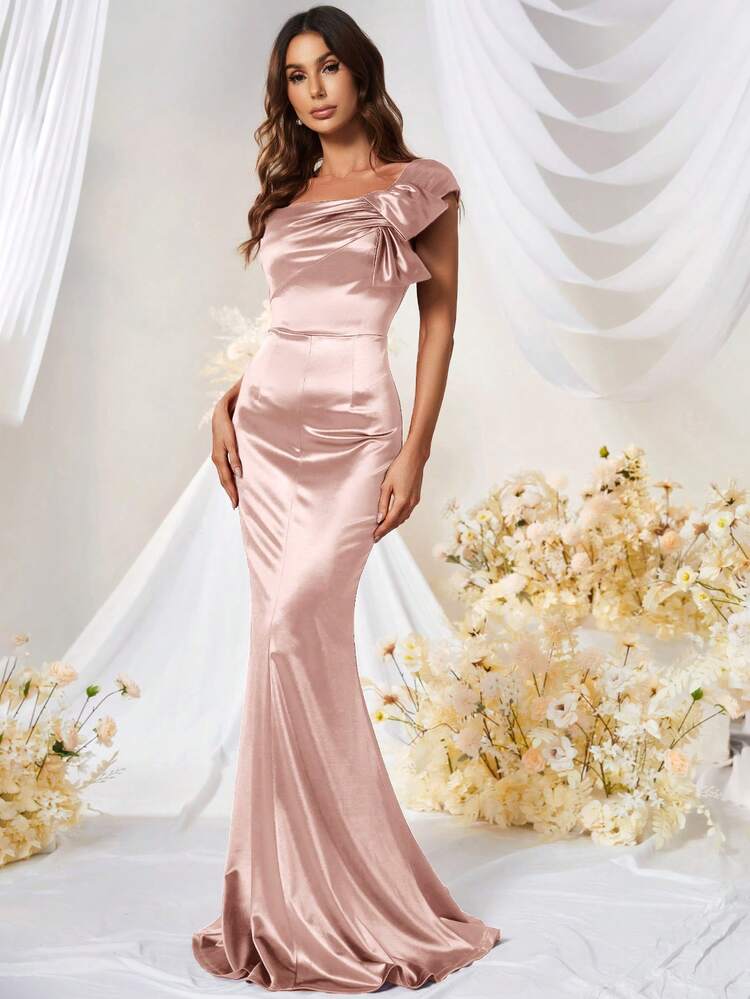 MUXXN Asymmetrical Neck Ruched Bust Floor Length Satin Formal Dress - Baby Pink - View 5