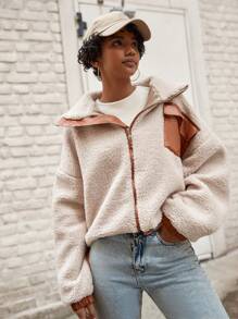 RueChic Contrast Panel Drop Shoulder Teddy Jacket - Apricot - View 4