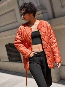 SHEIN Cottnline Snap Button Front Belted Quilted Coat - Burnt Orange - View 1