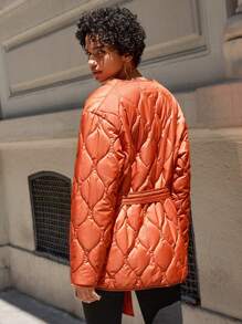 SHEIN Cottnline Snap Button Front Belted Quilted Coat - Burnt Orange - View 2