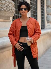 SHEIN Cottnline Snap Button Front Belted Quilted Coat - Burnt Orange - View 4