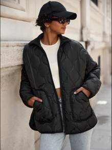 EURMUSE Slant Pocket Drop Shoulder Zipper Quilted Coat - Black - View 1