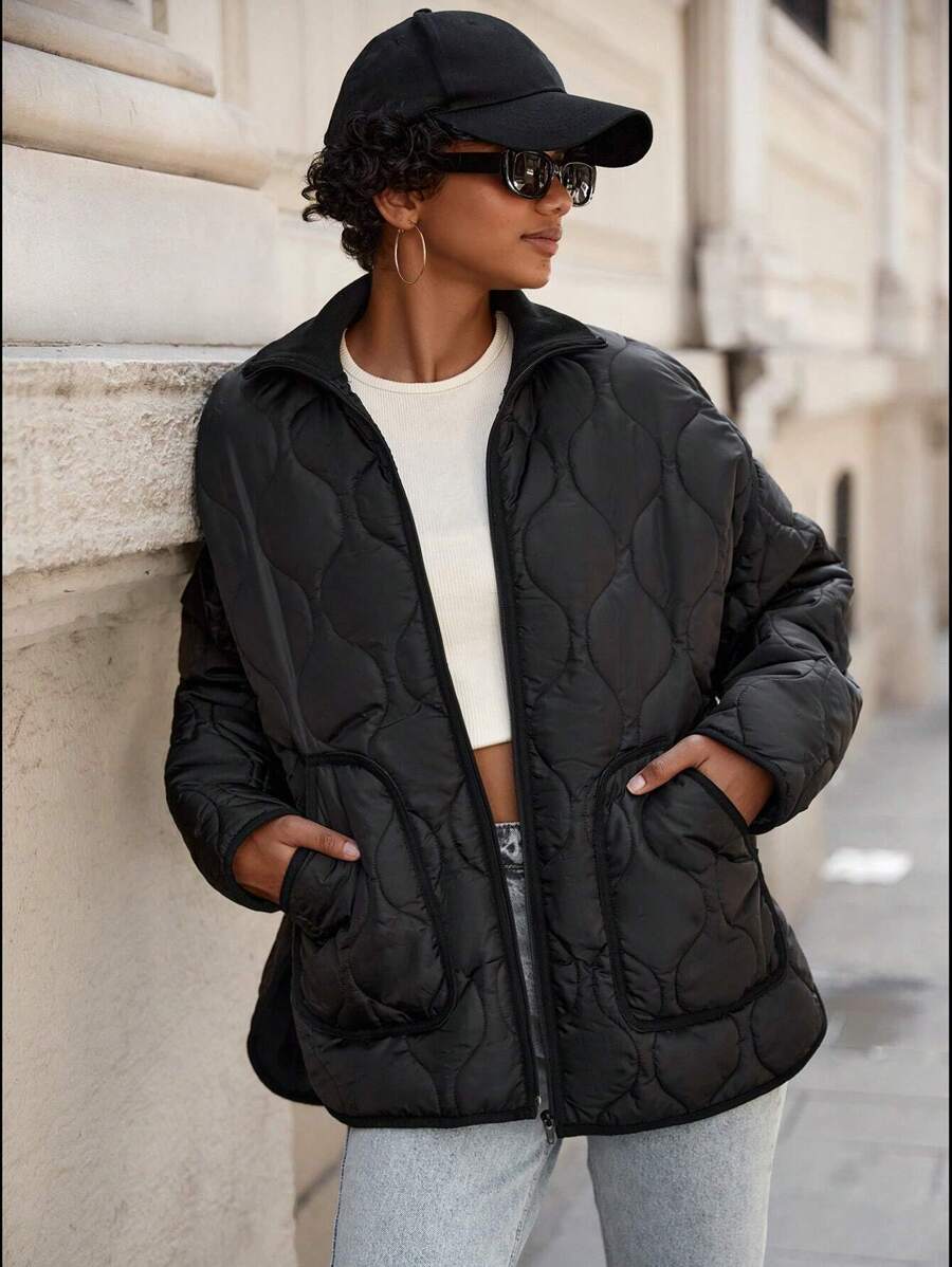 EURMUSE Slant Pocket Drop Shoulder Zipper Quilted Coat - Black - View 1