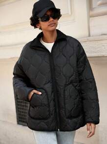 EURMUSE Slant Pocket Drop Shoulder Zipper Quilted Coat - Black - View 3