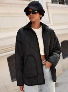 EURMUSE Slant Pocket Drop Shoulder Zipper Quilted Coat - Black - View 4