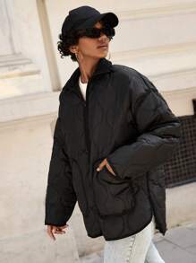 EURMUSE Slant Pocket Drop Shoulder Zipper Quilted Coat - Black - View 5