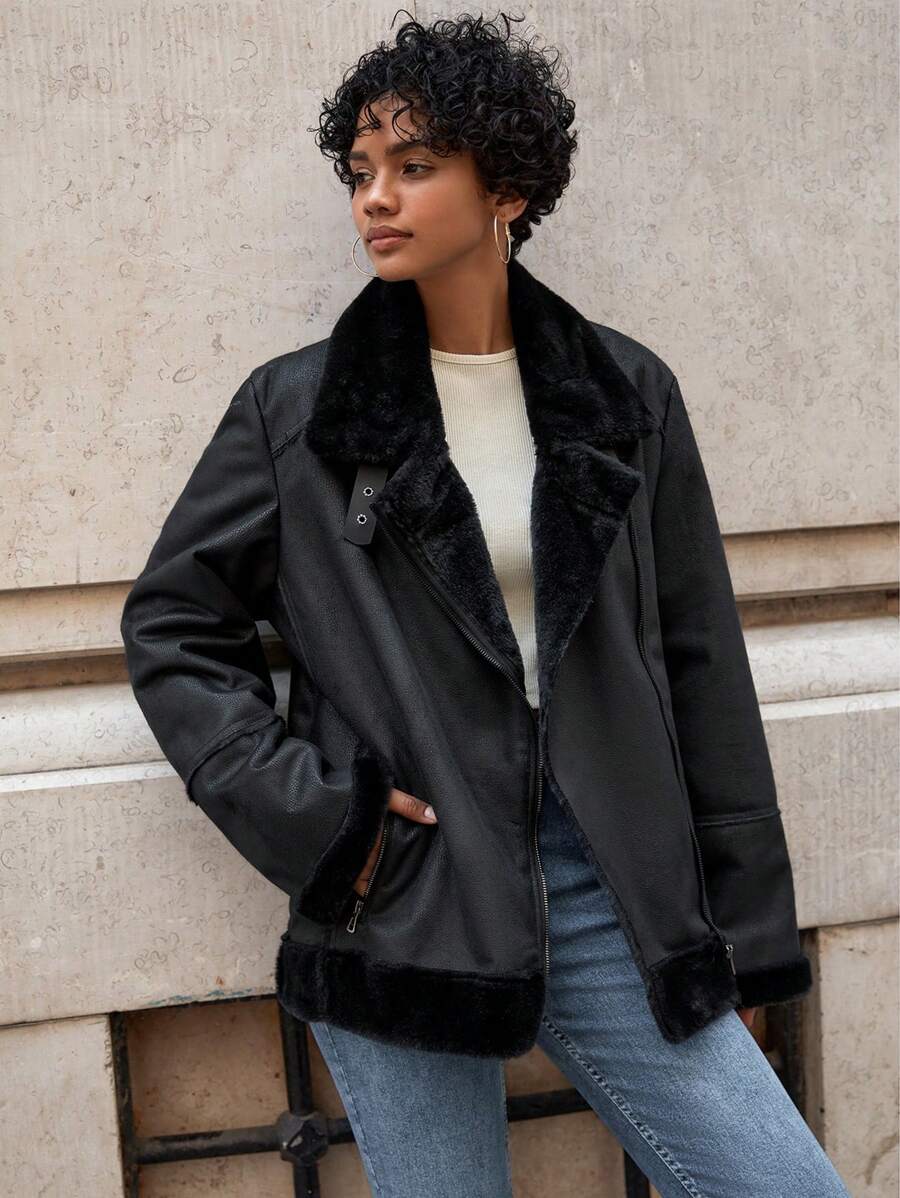 EURMUSE Teddy Lined Zipper Front PU Moto Jacket - Black - View 1