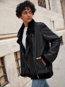 EURMUSE Teddy Lined Zipper Front PU Moto Jacket - Black - View 3