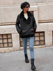 EURMUSE Teddy Lined Zipper Front PU Moto Jacket - Black - View 4