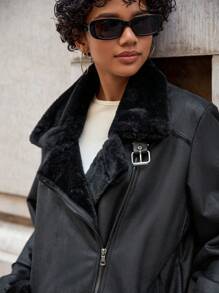 EURMUSE Teddy Lined Zipper Front PU Moto Jacket - Black - View 5