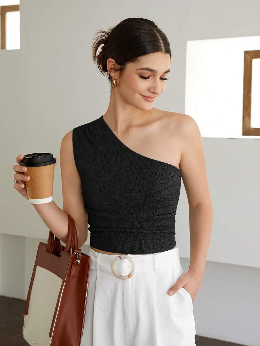 SHEIN BIZwear Top de un hombro fruncido lateral con textura ropa de trabajo - Negro - Ver 1