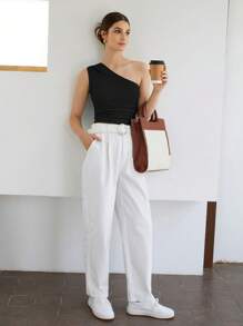 SHEIN BIZwear Top de un hombro fruncido lateral con textura ropa de trabajo - Negro - Ver 2