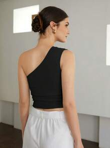 SHEIN BIZwear Top de un hombro fruncido lateral con textura ropa de trabajo - Negro - Ver 3