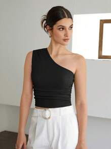 SHEIN BIZwear Top de un hombro fruncido lateral con textura ropa de trabajo - Negro - Ver 4