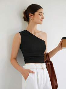 SHEIN BIZwear Top de un hombro fruncido lateral con textura ropa de trabajo - Negro - Ver 5