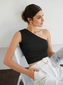 SHEIN BIZwear Top de un hombro fruncido lateral con textura ropa de trabajo - Negro - Ver 6