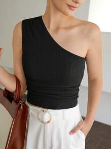 SHEIN BIZwear Top de un hombro fruncido lateral con textura ropa de trabajo - Negro - Ver 7