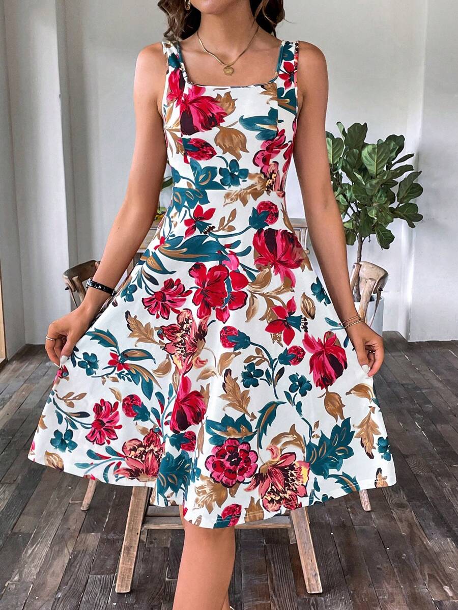 SHEIN Clasi Váy chữ A cổ vuông in hoa mùa xuân cho nữ - Nhiều màu - Xem 1